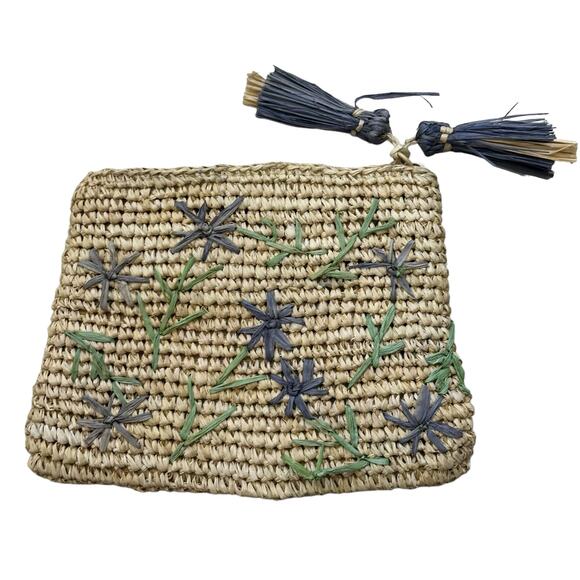 Aerin Raffia Natural Green and Blue Floral Small Pouch 6"x 8" NWOT - Picture 1 of 9